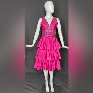 Hot pink taffeta tiered dress with sparkle detail
